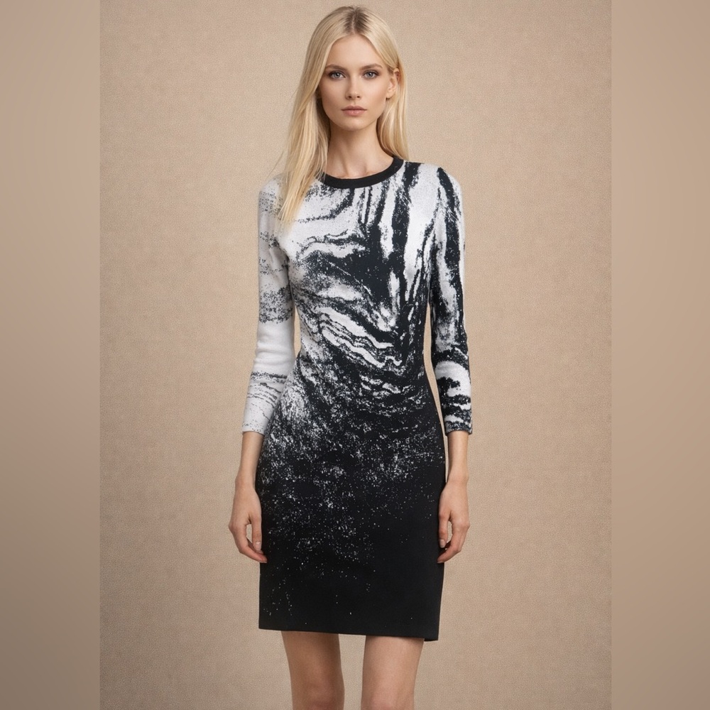Karen Millen Elegant Black and White Marble Print Dress Small NWOT
